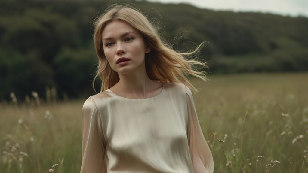 blonde woman in a meadow wearing a silk top