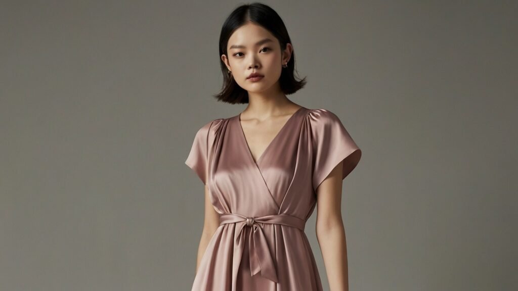 asian woman in a pink silk cross over dress with waist tie