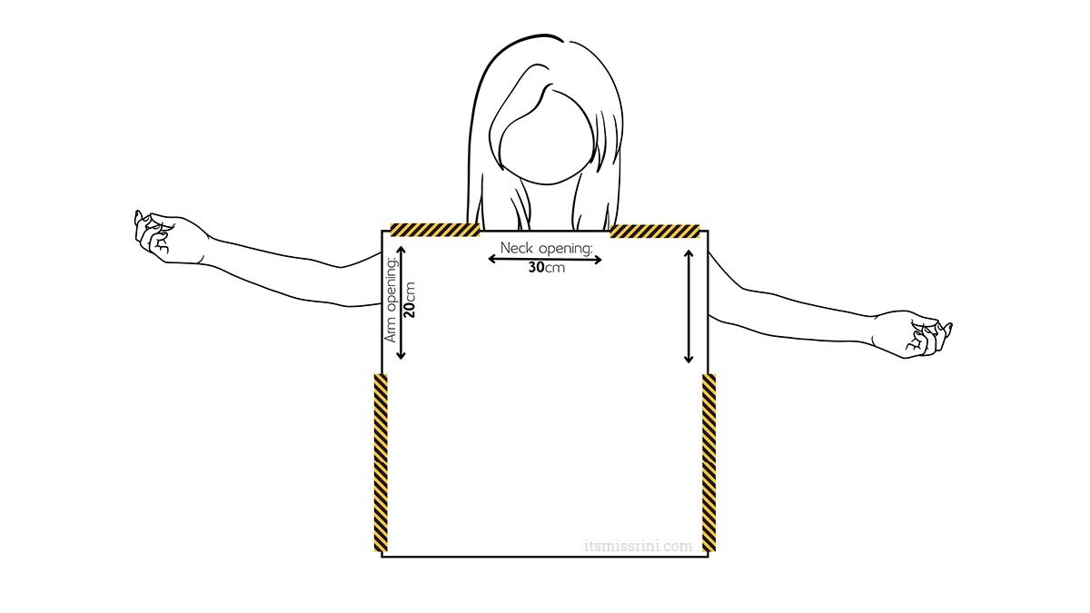 sewing diagram of square silk scarf top